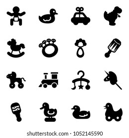 Solid vector icon set - baby vector, duck toy, car, dinosaur, rocking horse, beanbag, wheel, train, carousel, unicorn stick