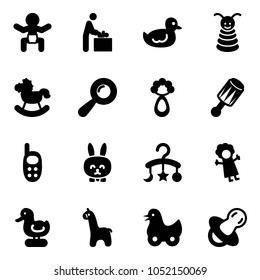 Solid vector icon set - baby vector, room, duck toy, pyramid, rocking horse, beanbag, phone, rabbit, carousel, doll, giraffe, soother