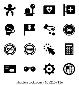 Solid vector icon set - baby vector, baggage scales, first aid kit, room, medical mask, dollar flag, investment, no car road sign, horn, customs, cursor, calculator, envelope, sunglasses, gear