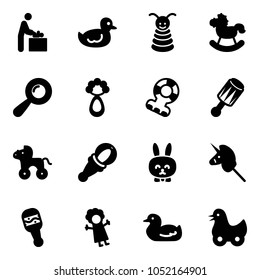 Solid vector icon set - baby room vector, duck toy, pyramid, rocking horse, beanbag, teethers, wheel, rabbit, unicorn stick, doll