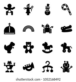 Solid vector icon set - baby vector, santa claus, snowman, lollipop, crown, rainbow, robot, crocodile, dinosaur toy, bear, rocking horse, wheel, horn, carousel