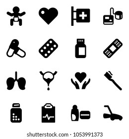 Solid vector icon set - baby vector, heart, first aid room, tonometer, pills, blister, bottle, medical patch, lungs, bladder, care, tooth brush, pulse clipboard, uv cream, lawn mower