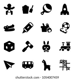 Solid vector icon set - baby vector, bucket scoop, beanbag, rocket, crocodile, marker, shovel, teethers, cube toy, hammer, rabbit, train, paper plane, bus, giraffe, Tic tac toe