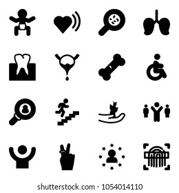 Solid vector icon set - baby vector, heart beat, bacteria, lungs, tooth, bladder, broken bone, disabled, head hunter, career, hand sproute, team leader, success, victory, star man