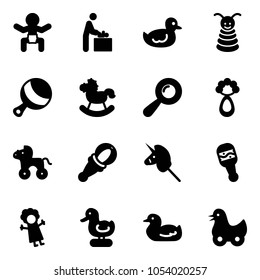 Solid vector icon set - baby vector, room, duck toy, pyramid, beanbag, rocking horse, wheel, unicorn stick, doll