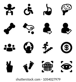 Solid vector icon set - baby vector, disabled, stomach, brain, broken bone, investment, user login, check, group, man globe, career, dollar, victory, feet, fingerprint scanner, eye