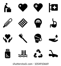 Solid vector icon set - baby room vector, heart, first aid, thermometer, pills blister, mri, stomach, care, tooth brush, medical mask, drop hand, bottle, pool, recycling, lawn mower