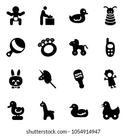 Solid vector icon set - baby vector, room, duck toy, pyramid, beanbag, wheel horse, phone, rabbit, unicorn stick, doll, giraffe