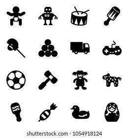 Solid vector icon set - baby vector, robot, drum, beanbag, horse stick toy, billiards balls, truck, gamepad, soccer ball, hammer, doll, dart, duck, russian