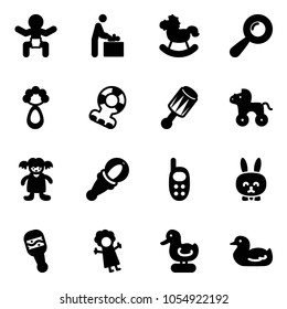 Solid vector icon set - baby vector, room, rocking horse, beanbag, tethers, wheel, doll, phone toy, rabbit, duck