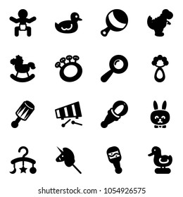 Solid vector icon set - baby vector, duck toy, beanbag, dinosaur, rocking horse, xylophone, rabbit, carousel, unicorn stick