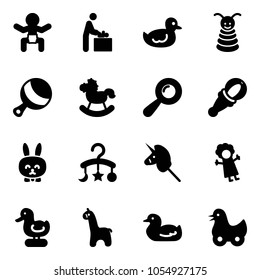 Solid vector icon set - baby vector, room, duck toy, pyramid, beanbag, rocking horse, rabbit, carousel, unicorn stick, doll, giraffe