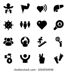 Solid vector icon set - baby vector, power hand, heart beat, liver, virus, group, head hunter, man globe, career, world, rich, success, victory, feet