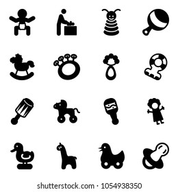Solid vector icon set - baby vector, room, pyramid toy, beanbag, rocking horse, teethers, wheel, doll, duck, giraffe, soother