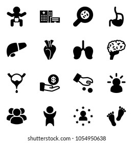 Solid vector icon set - baby vector, hospital building, bacteria, stomach, liver, heart, lungs, brain, bladder, investment, idea, group, success, star man, feet
