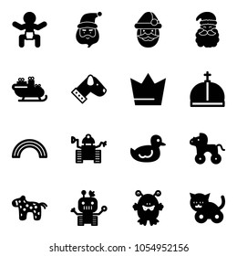 Solid vector icon set - baby vector, santa claus, sleigh, dog, crown, rainbow, robot, duck toy, wheel horse, monster, cat