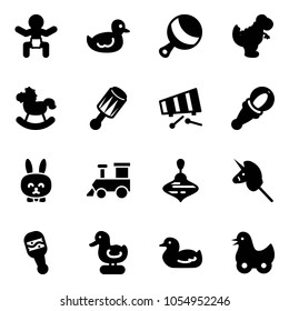 Solid vector icon set - baby vector, duck toy, beanbag, dinosaur, rocking horse, xylophone, rabbit, train, wirligig, unicorn stick