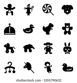 Solid vector icon set - baby vector, santa claus, lollipop, dog, crown, duck toy, dinosaur, bear, wheel horse, elephant, doll, rabbit, carousel, unicorn stick