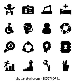 Solid Vector Icon Set - Baby Vector, Identity, Treadmill, Hospital Bed, Disabled, Medical Mask, User, Friends, Head Hunter, Community, Bulb, Contact Book, Career, Success, World, Victory