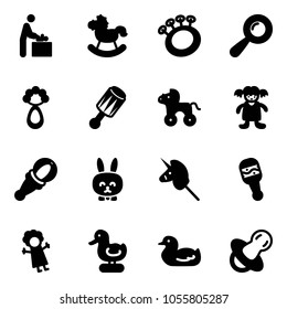 Solid vector icon set - baby room vector, rocking horse, beanbag, wheel, doll, toy rabbit, unicorn stick, duck, soother