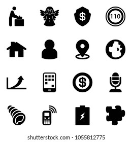 Solid vector icon set - baby room vector, angel, safe, speed limit 110 road sign, home, user, map pin, globe, growth arrow, mobile, dollar, microphone, shell, phone, battery, puzzle