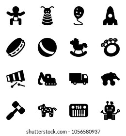 Solid vector icon set - baby vector, pyramid toy, balloon smile, rocket, tambourine, ball, rocking horse, beanbag, xylophone, excavator, truck, elephant wheel, hammer, piano, robot