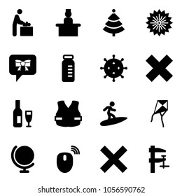 Solid vector icon set - baby room vector, recieptionist, christmas tree, firework, bow message, vial, virus, delete cross, wine, life vest, surfing, kite, globe, mouse wireless, clamp