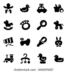 Solid vector icon set - baby vector, duck toy, car, shovel bucket, rocking horse, beanbag, wheel, xylophone, rabbit, train, carousel