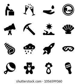 Solid vector icon set - baby room vector, wine glasses, drop hand, no trailer road sign, telescope, rock axe, reading, shell, snow, rocket, protective, beanbag, bear toy
