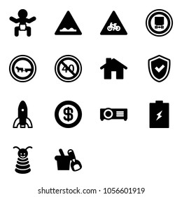 Solid vector icon set - baby vector, rough road sign, for moto, no dangerous cargo, cart horse, end minimal speed limit, home, shield check, rocket, dollar, projector, battery, pyramid toy