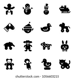 Solid vector icon set - baby vector, snowman, santa sleigh, dog, christmas elf, duck toy, wheel horse, elephant, doll, rabbit, bear, cat