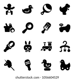 Solid vector icon set - baby vector, duck toy, beanbag, dinosaur, shovel bucket, car, rabbit, train, carousel, unicorn stick