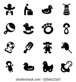 Solid vector icon set - baby vector, room, duck toy, pyramid, beanbag, rocking horse, teethers, doll, unicorn stick, soother