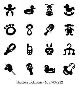 Solid vector icon set - baby vector, duck toy, pyramid, rocking horse, beanbag, doll, phone, rabbit, carousel, unicorn stick, soother