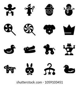 Solid vector icon set - baby vector, santa claus, snowman, lollipop, dog, crown, duck toy, crocodile, wheel horse, robot, rabbit, carousel