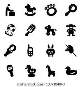 Solid vector icon set - baby room vector, rocking horse, beanbag, teethers, wheel, doll, phone toy, rabbit, unicorn stick, duck, giraffe