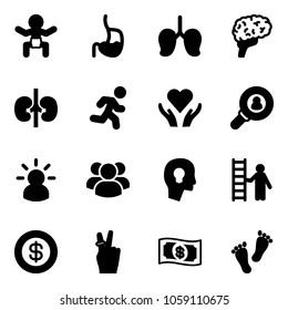Solid vector icon set - baby vector, stomach, lungs, brain, kidneys, run, heart care, head hunter, idea, group, bulb, opportunity, dollar, victory, money, feet