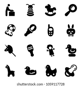 Solid vector icon set - baby room vector, pyramid toy, rocking horse, beanbag, teethers, phone, rabbit, unicorn stick, doll, duck, giraffe, soother