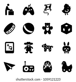 Solid vector icon set - baby room vector, joystick, kite, chicken toy, tambourine, ball, bear, cube, game console, doll, horse, rabbit, paper plane, radio, russian, duck
