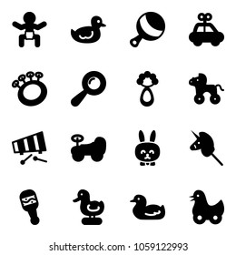 Solid vector icon set - baby vector, duck toy, beanbag, car, wheel horse, xylophone, rabbit, unicorn stick