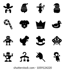 Solid vector icon set - baby vector, santa claus, lollipop, dog, crown, duck toy, robot, dinosaur, rocking horse, ufo, carousel, unicorn stick, doll