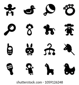 Solid vector icon set - baby vector, duck toy, beanbag, wheel horse, doll, phone, rabbit, carousel, unicorn stick, giraffe