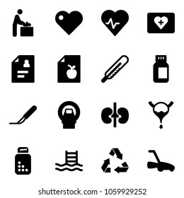 Solid vector icon set - baby room vector, heart, pulse, first aid kit, patient card, diet list, thermometer, pills bottle, scalpel, mri, kidneys, bladder, pool, recycling, lawn mower