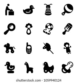 Solid vector icon set - baby room vector, duck toy, pyramid, beanbag, teethers, wheel horse, phone, unicorn stick, doll, giraffe, soother