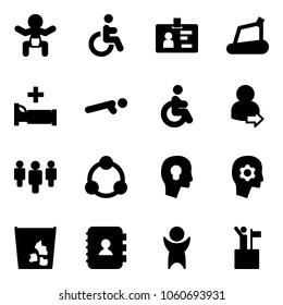 Solid vector icon set - baby vector, disabled, identity, treadmill, hospital bed, push ups, user login, group, community, head bulb, brain work, garbage, contact book, success, win