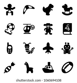 Solid vector icon set - baby vector, boomerang, dinosaur toy, rocking horse, teethers, helicopter, doll, abc book, phone, caterpillar, plane, robot, dart, giraffe, boat, football