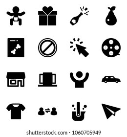 Solid vector icon set - baby vector, gift, champagne, pear, x ray, no parking road sign, cursor, film coil, store, doors, success, limousine, t shirt, information exchange, casting of steel