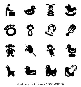 Solid vector icon set - baby room vector, duck toy, pyramid, rocking horse, beanbag, teethers, doll, unicorn stick, giraffe, soother