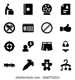 Solid vector icon set - baby room vector, passport, snowball, patient card, fork spoon plate, finance calendar, no limit road sign, like, target, money dialog, swimsuit, cabrio, screw, bear toy