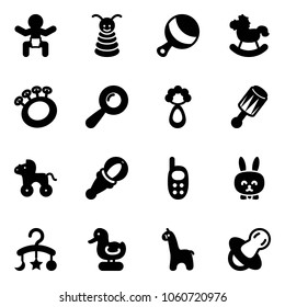 Solid vector icon set - baby vector, pyramid toy, beanbag, rocking horse, wheel, phone, rabbit, carousel, duck, giraffe, soother
